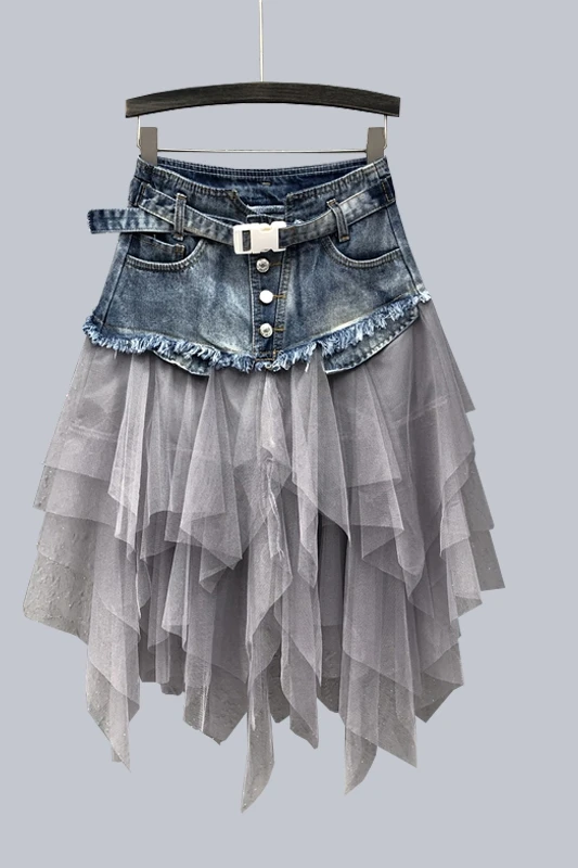

Korean women's clothing 2021 summer new Korean mesh stitching high waist A-line denim skirt ins super long skirt