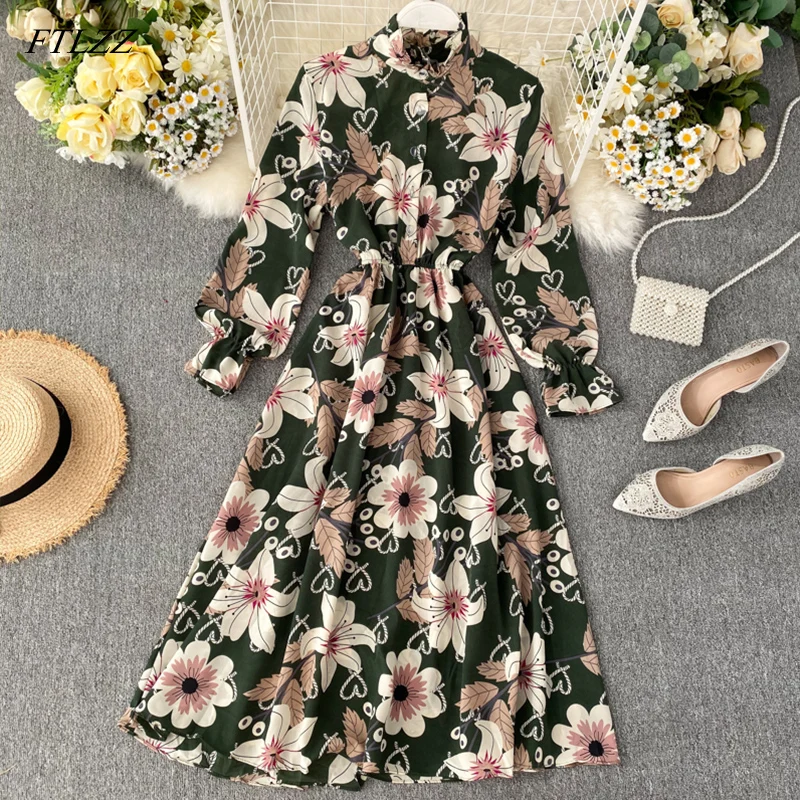 Платье женское длинное с цветочным принтом на весну/осень|Женские платья| |