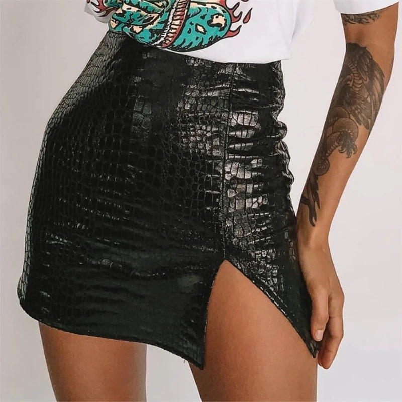 

Women Sexy High Waist Faux Leather Side Split Crocodile Print Bodycon Mini Skirt