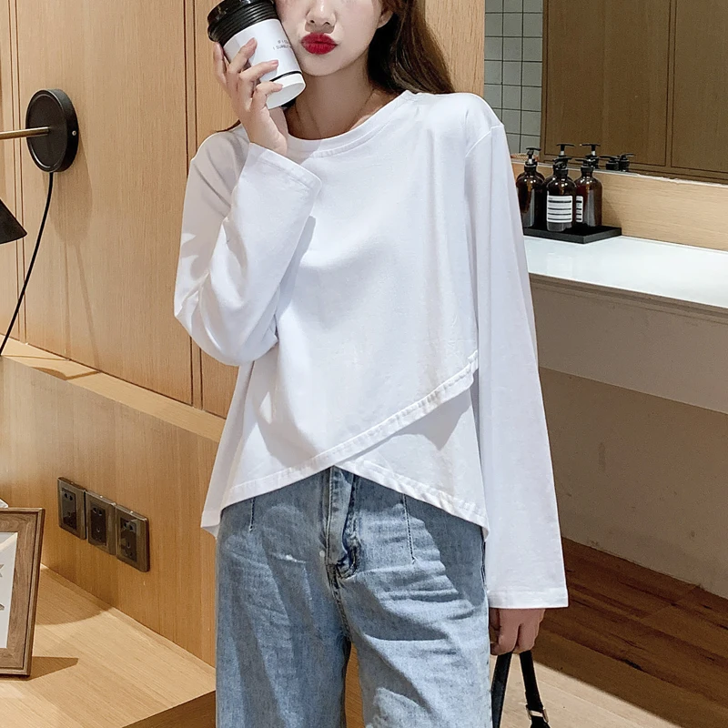 Irregular White cotton long sleeve T-shirt top women 2021 spring summer casual loose basic simple t-shirt Bottoming shirt