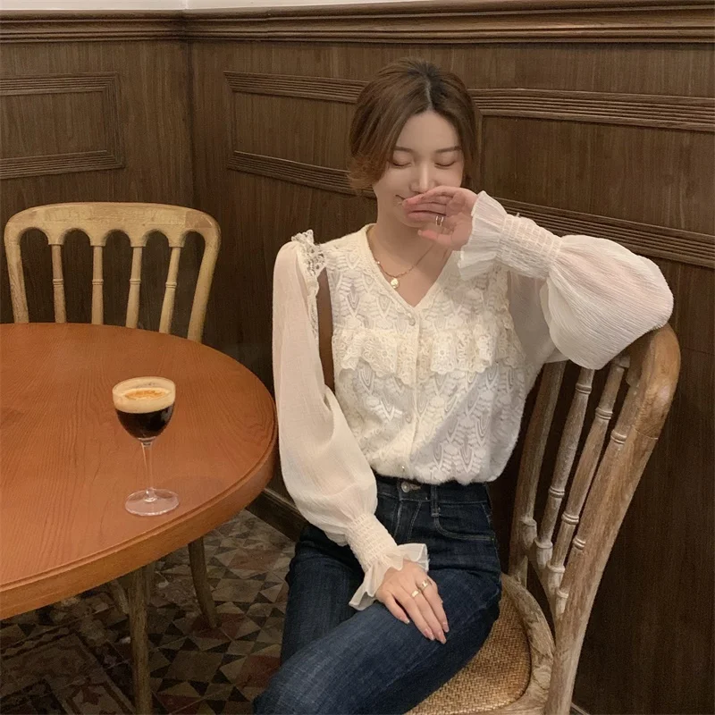 

Blusas Mujer De Moda Lace Ruffles Chiffon V-neck Tops Autumn Sweet Style Women's Clothing Blouses Ladies Shirts Korean Style New