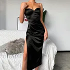 Черное атласное сексуальное платье для женщин, длинное платье на бретелях-спагетти с глубоким вырезом, с оборками по бокам, с высоким разрезом, вечерние нее платье макси, Клубная одежда 2021