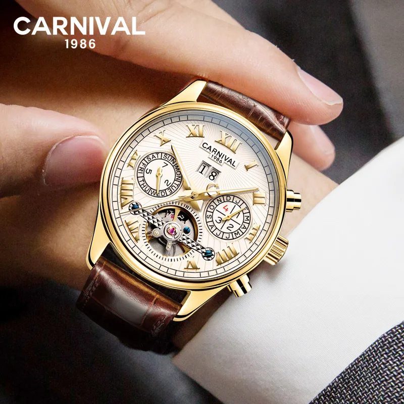 Tourbillon Relogio Masculino карнавал автоматические мужские часы люксовый бренд кожаный