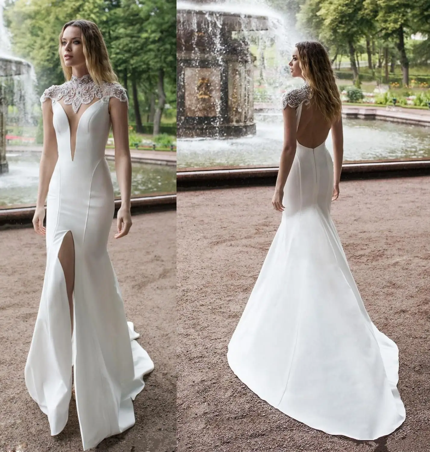 

Sexy Open Back Mermaid Wedding Dress High Neck Front Split Bride Wedding Gown White Ivory Lace Satin Wedding Dress vestido novia