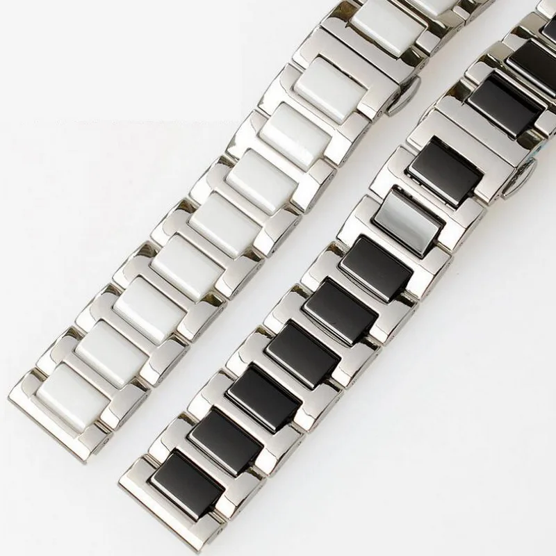 16mm 18mm 20mm Ceramic watch band Butterfly Clasp Watch Strap 316L Stainless Steel Wrist watches Belt Bracelet Black White Man