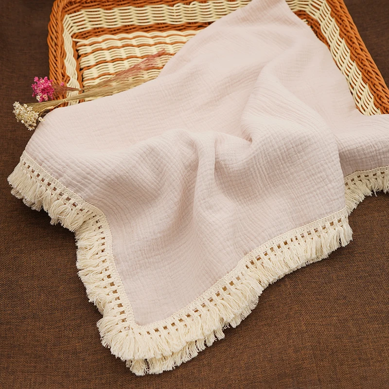 

Muslin Cotton Baby Blanket Fringe 2 Layer Newborn Infant Tassel Blankets Swaddle Warp Bed Baby Photography Props Bath Towel