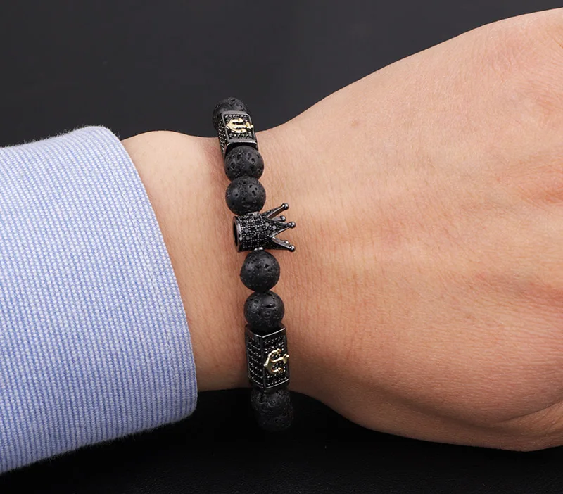 Модные мужские браслеты с бусинами CZ Pave Череп Корона Лев Шарм Лава Рок Камень