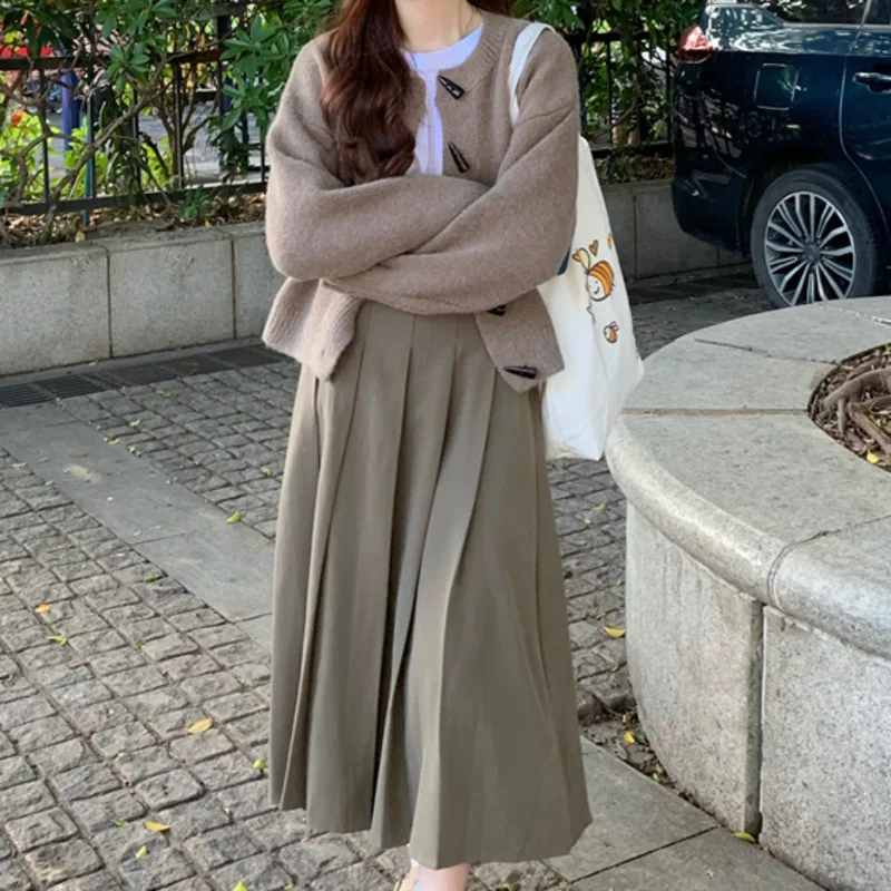 Women Skirt Suit Small Coat Ox Horn Button Knitted Cardigan Early Autumn 2021 Chic Long Sleeve Sweater Women's Spring And Autumn