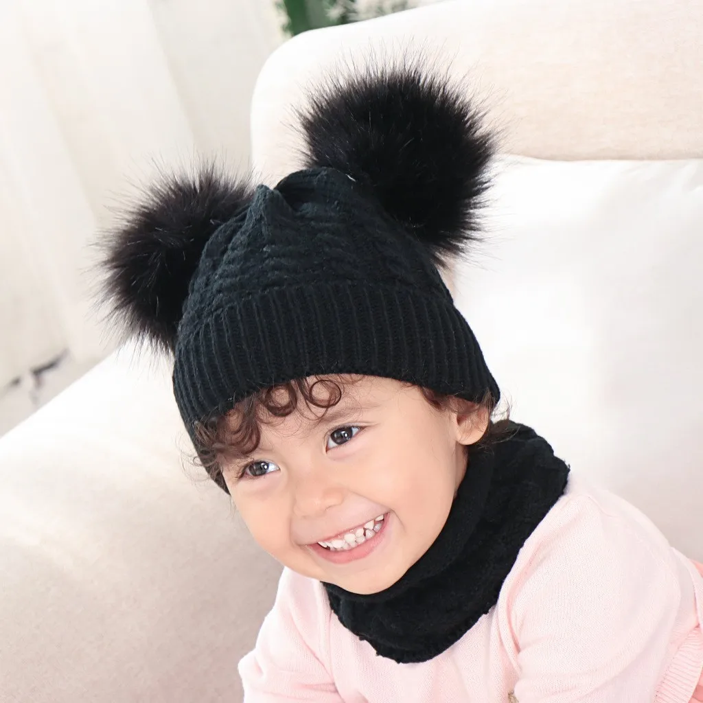 Модные зимние тёплые вязаные шапки для маленьких детей двойные шерстяные с