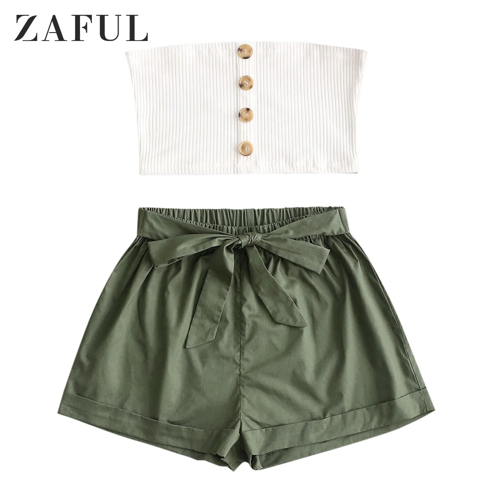 ZAFUL ребристый топ бандо на пуговицах и шорты с завязками женский костюм пляжный