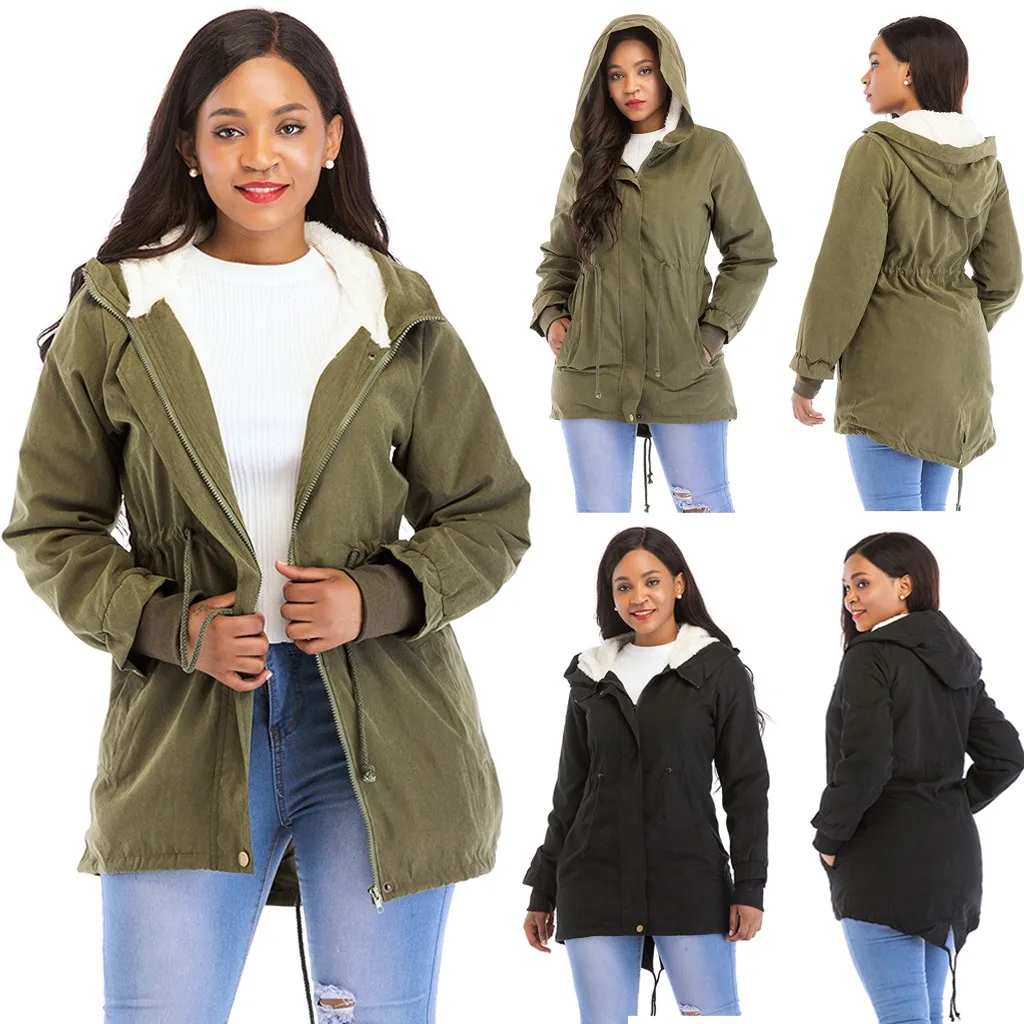 Женская зимняя теплая длинная куртка с капюшоном и кулиской на талии хлопковая