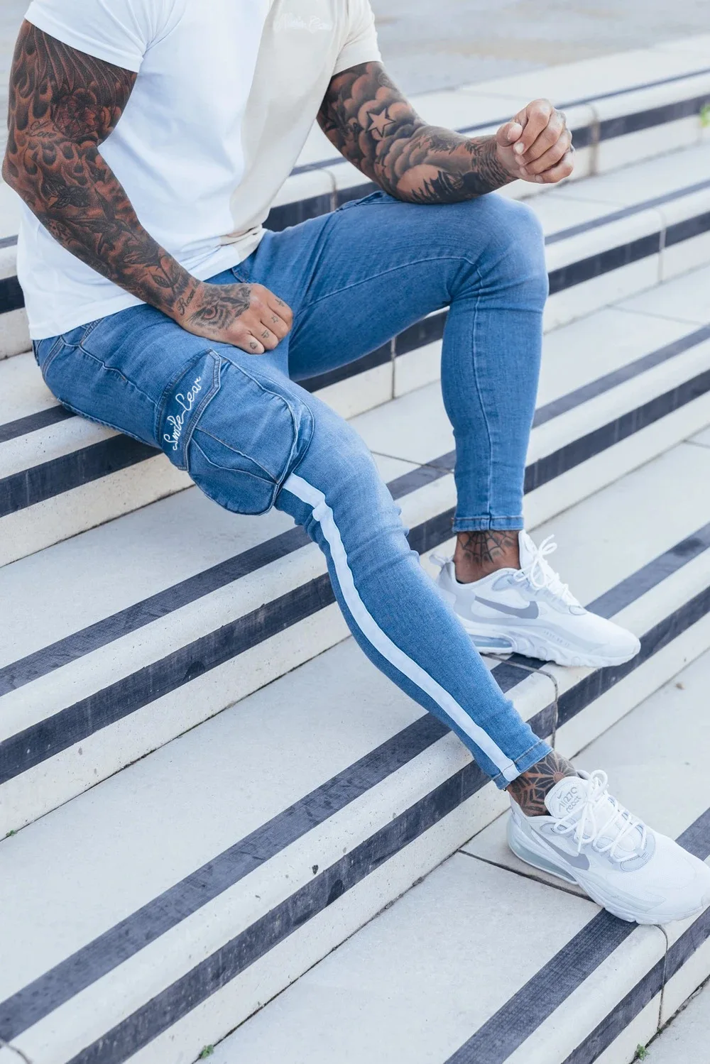 Fashion New Men's White Stripe Splicing Slimming Pants Painted Pockets Jeans Men  Pencil Pants Plus Size Skinny Jeans Men