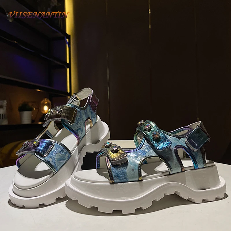 

Thick-soled Rhinestone Sandals Women's Summer 2021 New Magic Color Horsehair Casual Sports Increased Daddy Roman Sandals