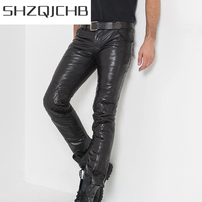 

JCHB 2021 Winter Mens Fleece Lining Trousers Straight Mid Waist Heavyweight Zipper Real Leather Full Length Pencil Pants Casual