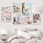 Настенные картины с изображением розовых цветов, пляжа, дома, двери, автомобиля, путешествий, настенные картины на холсте, скандинавские плакаты и принты, настенные картины для декора гостиной