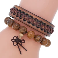 2pcsset new jewelry vintage old mens cow bracelet diy combination wooden bead set bracelet