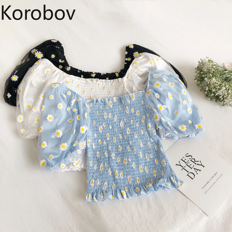 Korobov 2020 летние новые милые цветочные женские блузки корейские сетчатые Лоскутные