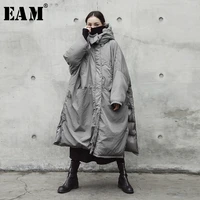 eam hooded cotton padded gray oversize long warm coat long sleeve loose fit women parkas fashion spring autumn 2021 je02002