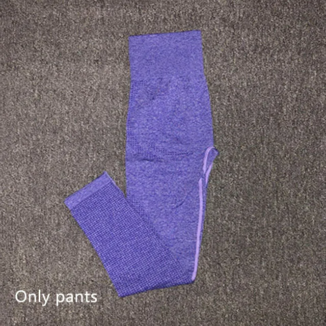 Purple pants Комплект для йоги из 3 предметов, бесшовные леггинсы+ спортивный бюстгальтер+ укороченный топ с длинными рукавами, женская одежда для зала и бега, спортивный костюм для фитнеса с высокой талией - Цвет: Purple pants