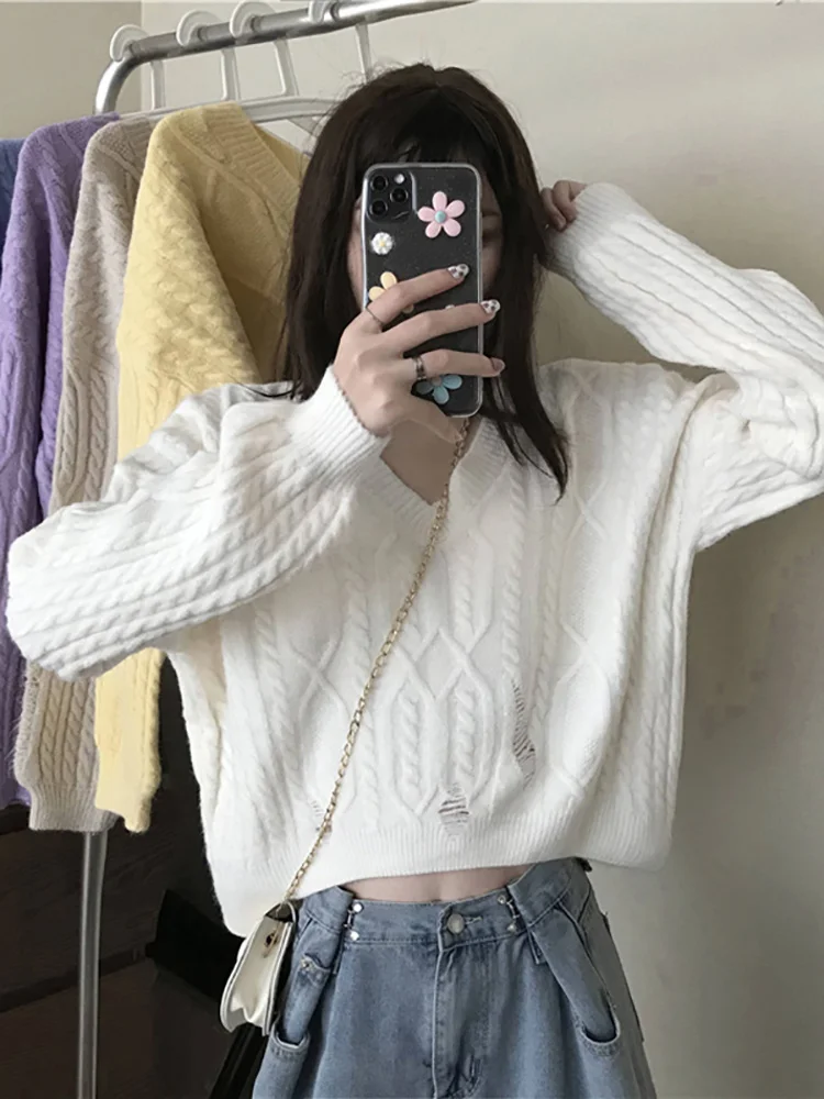 Белый свитер короткий женская Свободная верхняя одежда новинка 2021 Топ с длинным