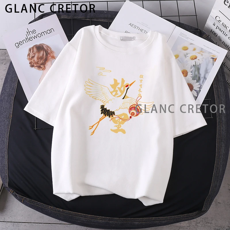 

Harajuku T-shirt Chinese Style Cute Tops Face Print White Ladies Tee Shirts Short Sleeve Top Women's T-shirts