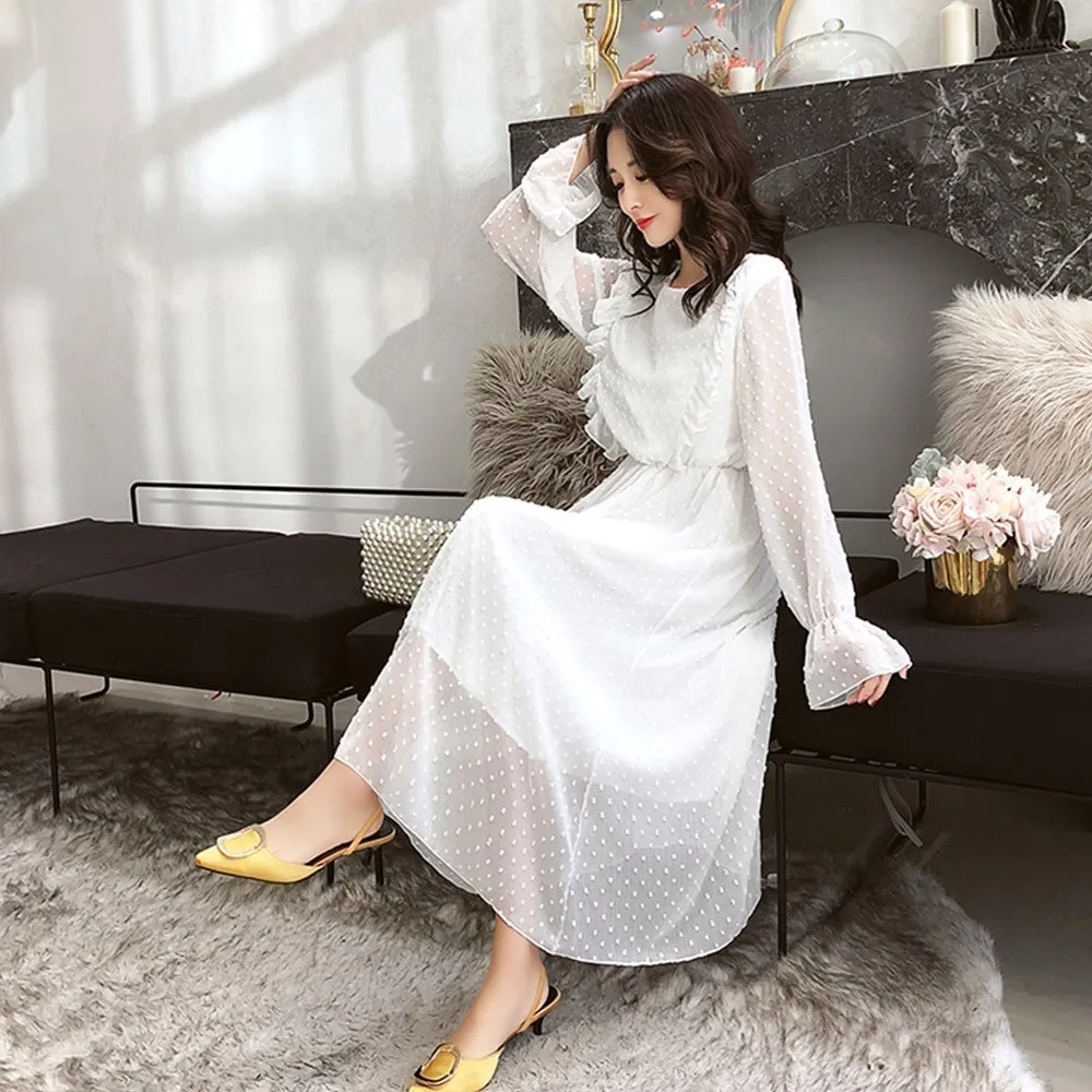 Женское шифоновое платье в горошек с оборками длинные брюки клеш эластичным