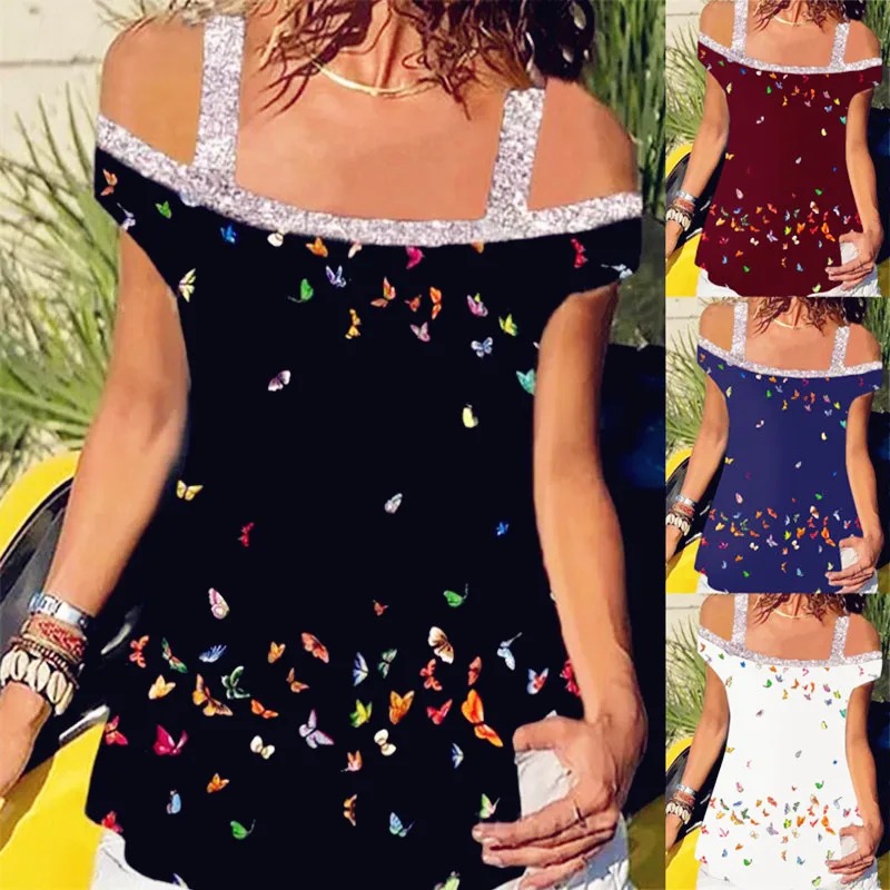 

2021 Summer Women Tops Plus Sizes Tees Femme Off Shoulder T Shirts Butterfly Ruffles Short Sleeve Loose Sexy Chiffon Boho Shirt