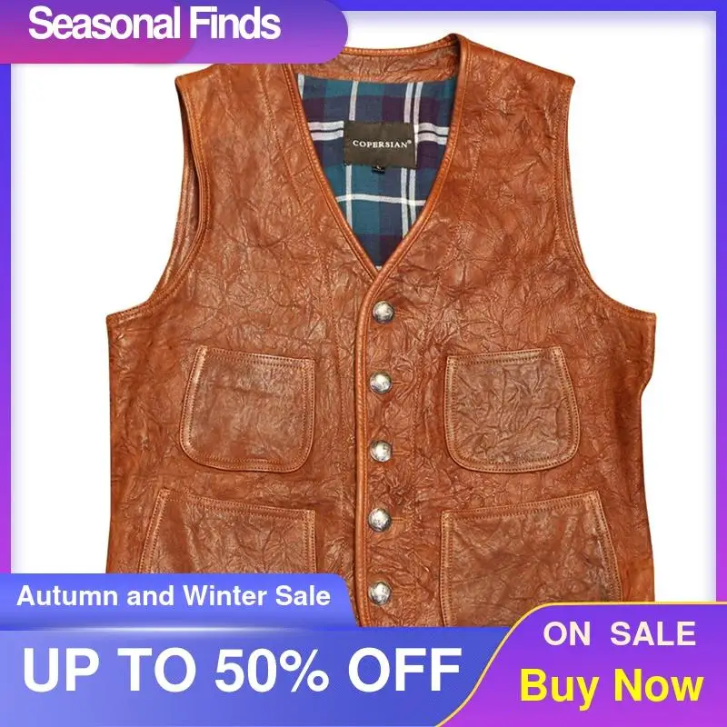 

2021 Retro Brown Japan Casual Style Genuine Leather Vest Men Single Breasted Plus Size 3XL Real Natural Sheepskin Summer Coat