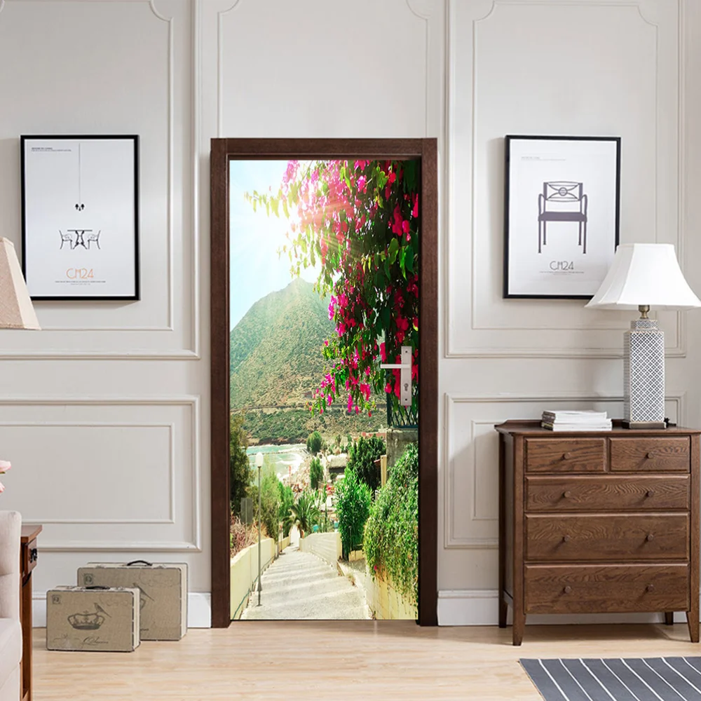 

2pcs in 1 Set Flower Pattern 3D Simulation Door Beautiful Mural Refurbished PVC Wallpaper Removable Sticker for Living