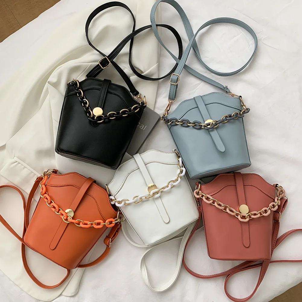 

Designer Women Pure Color Chain Shoulder Crossbody Bags PU Leather Messenger Bucket Bag Ladies Vintage Small Zipper Handbag New