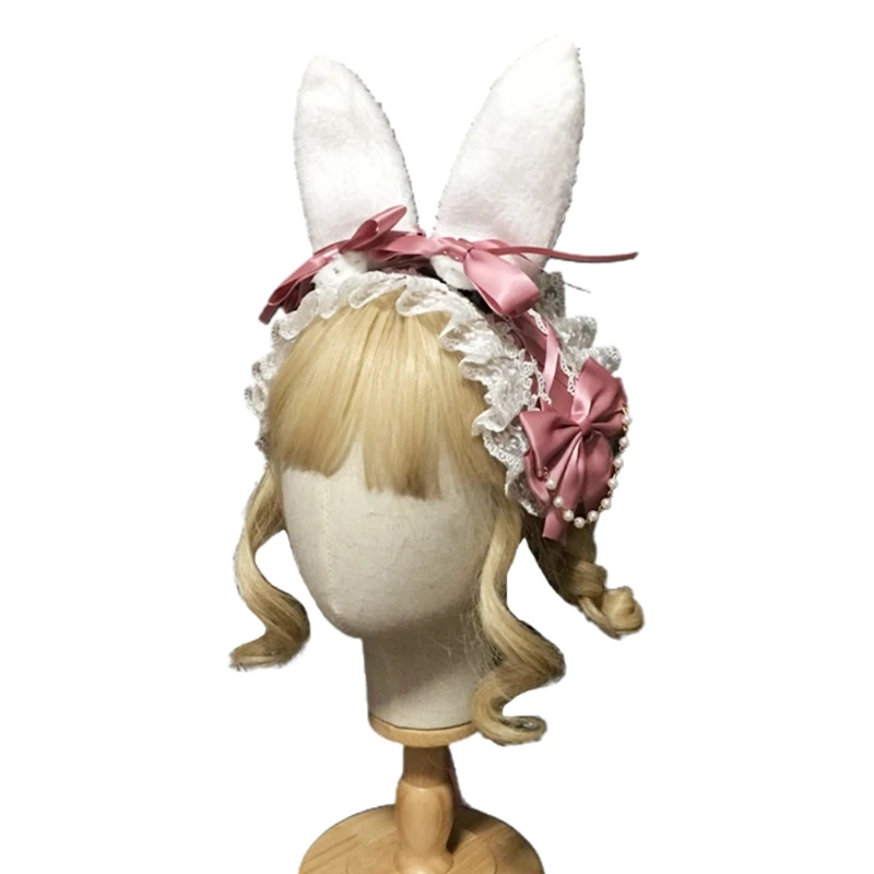 

Plush Bunny Ears Lolita Headband Lace Ribbon Bow Beaded Anime Cosplay Hairband
