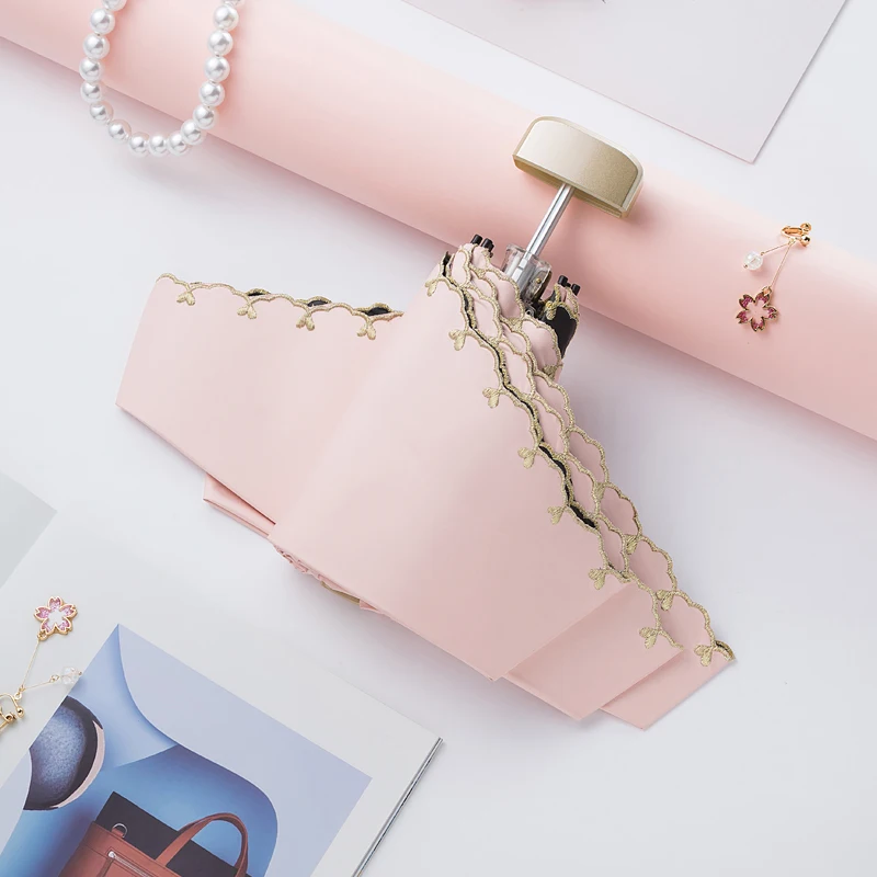 Вышивка ткань Мини зонтик дождь женщин УФ-доказательство женский складной