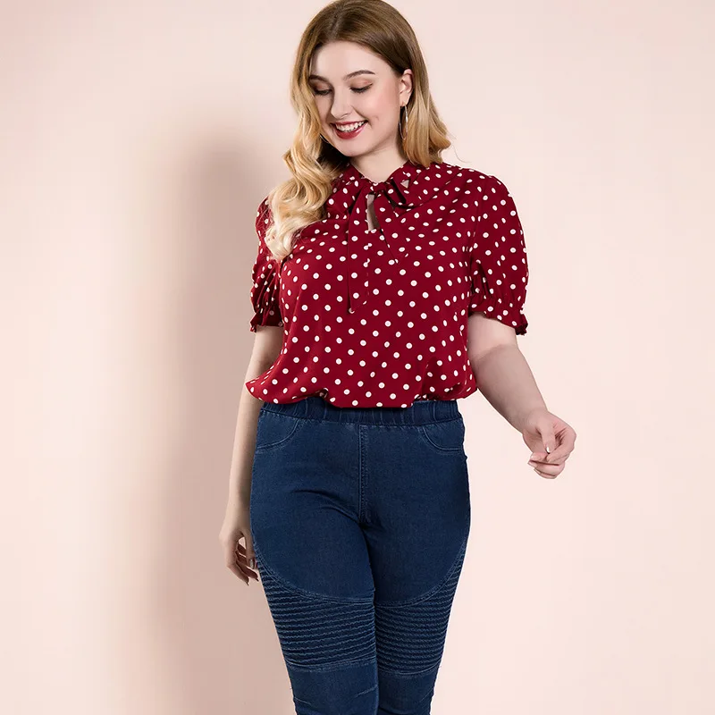 

2020 New Women Blouses For 25 Office Female Bow Plus Size Oversized Shirt Elegant Summer Top Fat Clothes Red Polka Dots Vintage