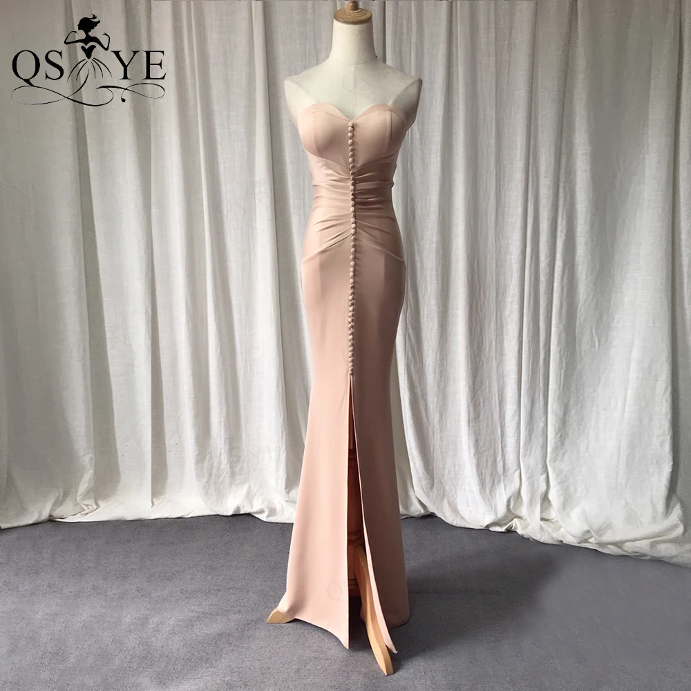 

QSYYE Front Split Champagne Mermaid Long Prom Dress 2021 Elastic Ruched Evening Dress Buttons Formal Gowns Party Sweetheart