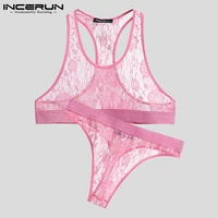men lace pajamas sets homewear mesh see through sleeveless tank tops brief two pieces 2021 sexy underwear men suits incerun