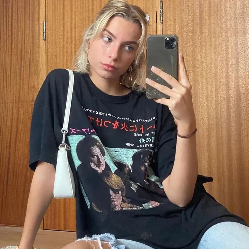 

Top Y2K Outfits Tee clothes Vintage print T-shirts летние платья bar 90s Streetwear O-neck Short Sleeve Distressed summer female