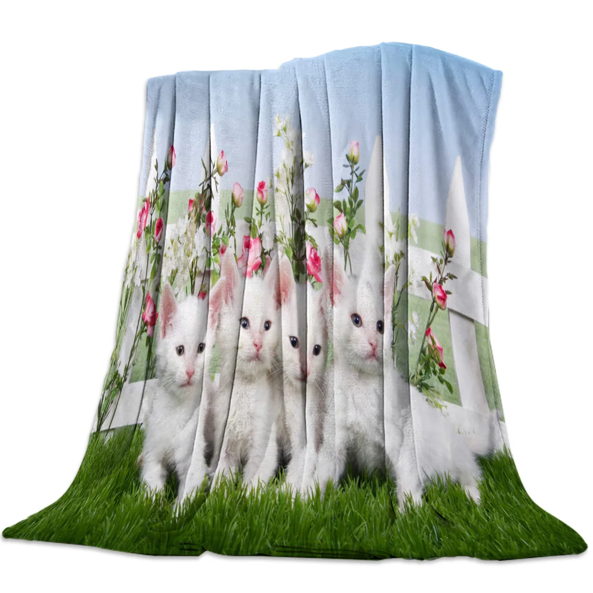 

Animal Cat Meadow Fence Rose Flower Flannel Blanket Soft Throw Blanket Warm Microfiber Blankets for Beds Office Sofa Items