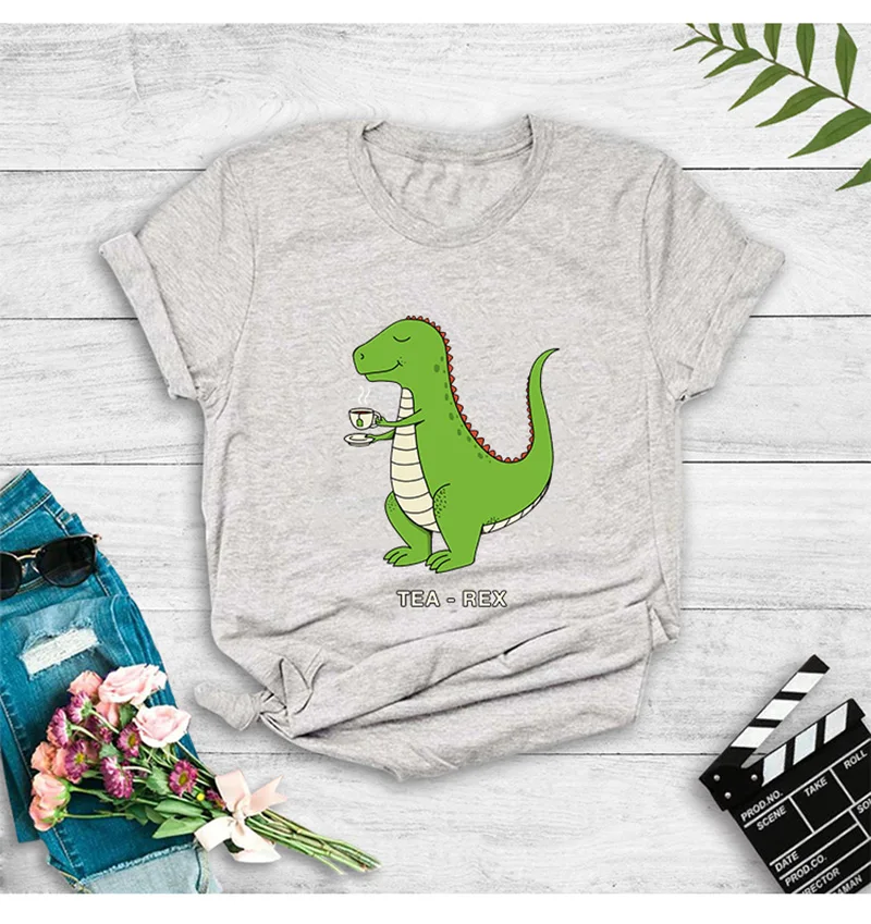 

Lovely Cartoon Dinosaur Print Women Cotton T Shirt Short Sleeve T-Shirt Female Casual Tops Tee Funny T Shirts Camisetas