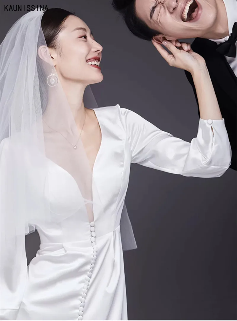 

KAUNISSINA Long Sleeve Wedding Dresses Buttons Deep V-Neck High Slit Sexy Bridal Dress Women White Simple Beach Bride Gowns