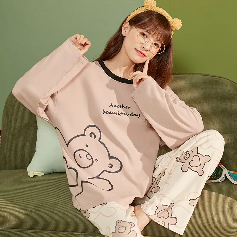 

Осенне-зимняя вязаная хлопковая женская пижама для отдыха женская хлопковая Домашняя одежда с длинным рукавом кавайная розовая пижама для ...