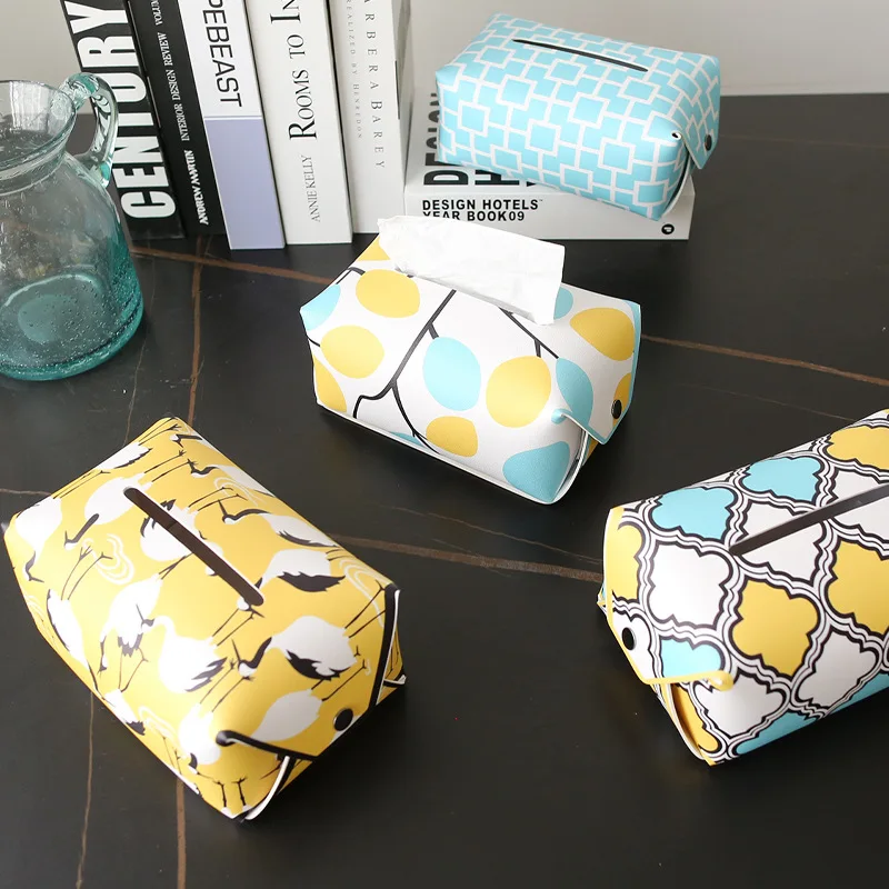 

European Style Tissue Case Boxes PU Leather Foldable Pumping Paper Handkerchief Storage Box Organizer