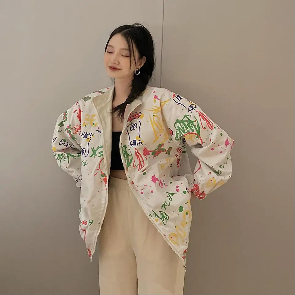

Women 2021 Fashion Loose Double-Sided Graffiti Jacket Coat Vintage High Neck Long Sleeve Female Outerwear Chic Tops Harajuku