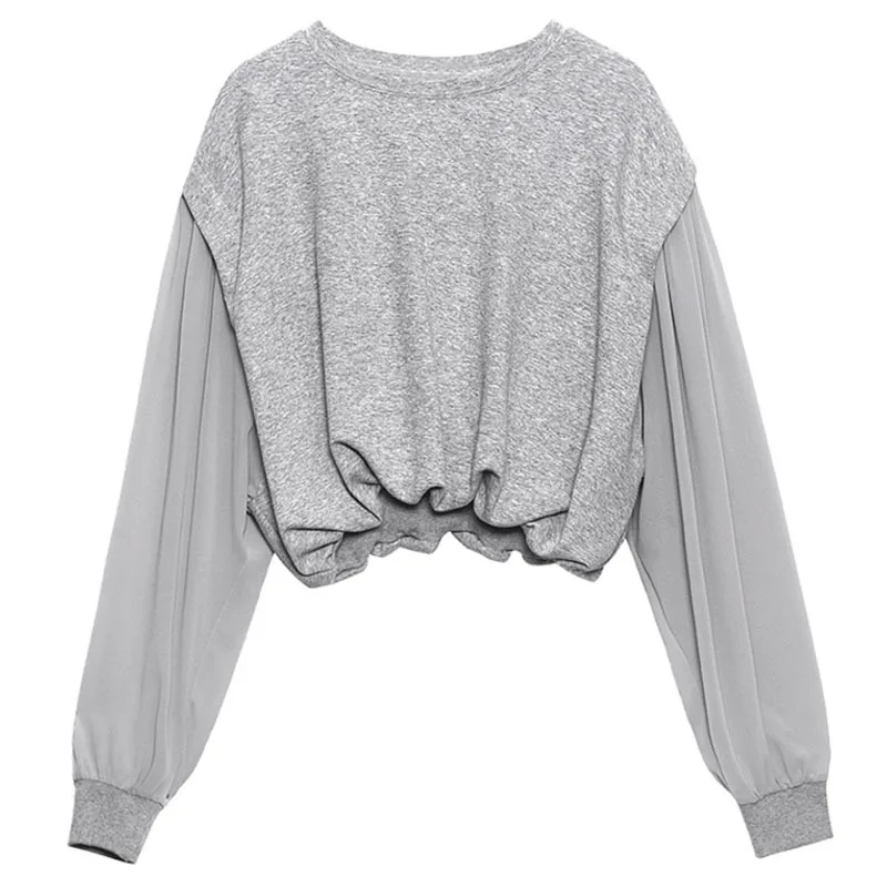 

[EAM] Women White Big Size Elastic Waist Short T-shirt New Round Neck Long Sleeve Fashion Tide Spring Autumn 2021 1DD6549