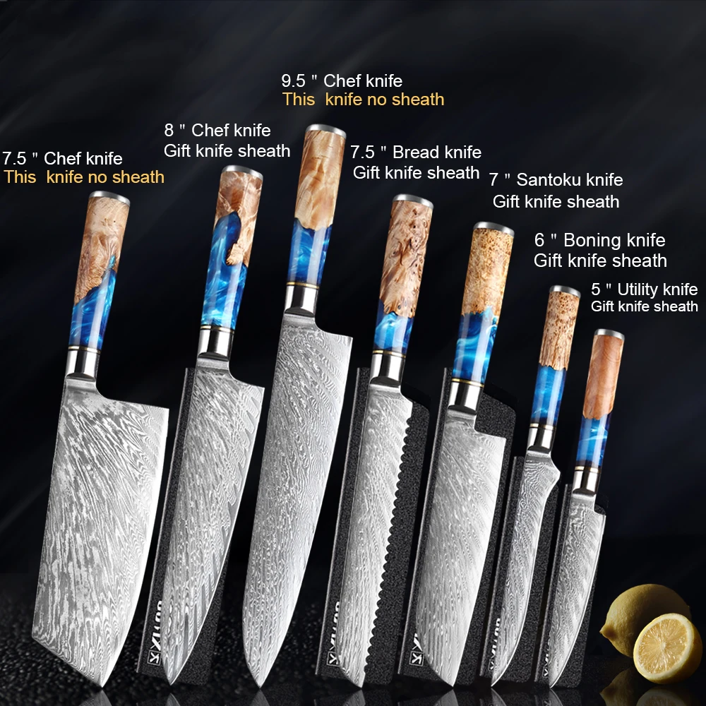 

Kitchen Knives-Set Damascus Steel VG10 Chef Knife Cleaver Paring Bread Knife Blue Resin and Color Wood Handle 1-7PCS set