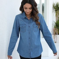 fashion denim shirt autumn new womens blue lapel long sleeved single breasted denim tops solid color slim casual shirt 0110
