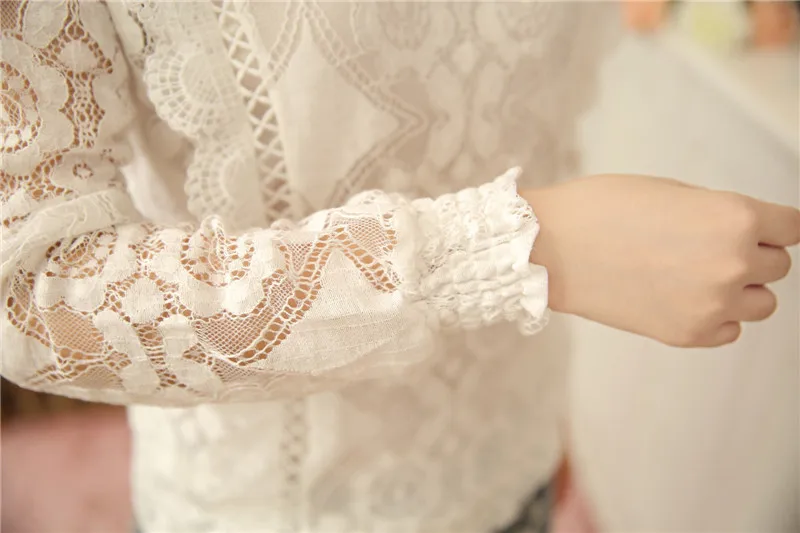 

chiffon lace women blouse solid hollow out elegant slim ruffles office lady white shirts all match fashion outwear tops