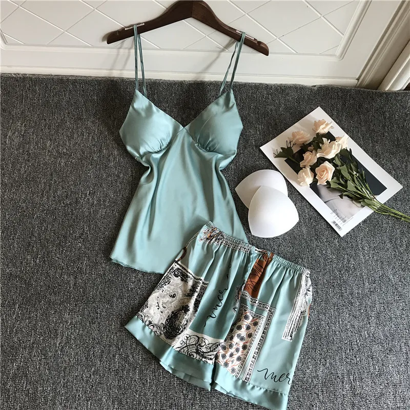 

21 Spring and summer sexy with chest pad pajamas women's sling shorts two-piece set of home clothing thin 2pcs pajama sets