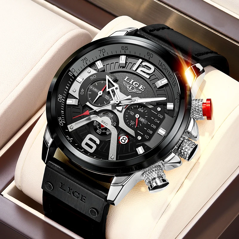 

2021 Watches Mens LIGE Top Brand Luxury Sports Watch Men Fashion Automatic Calendar Leather Wrist Watch For Men Black Male Clock