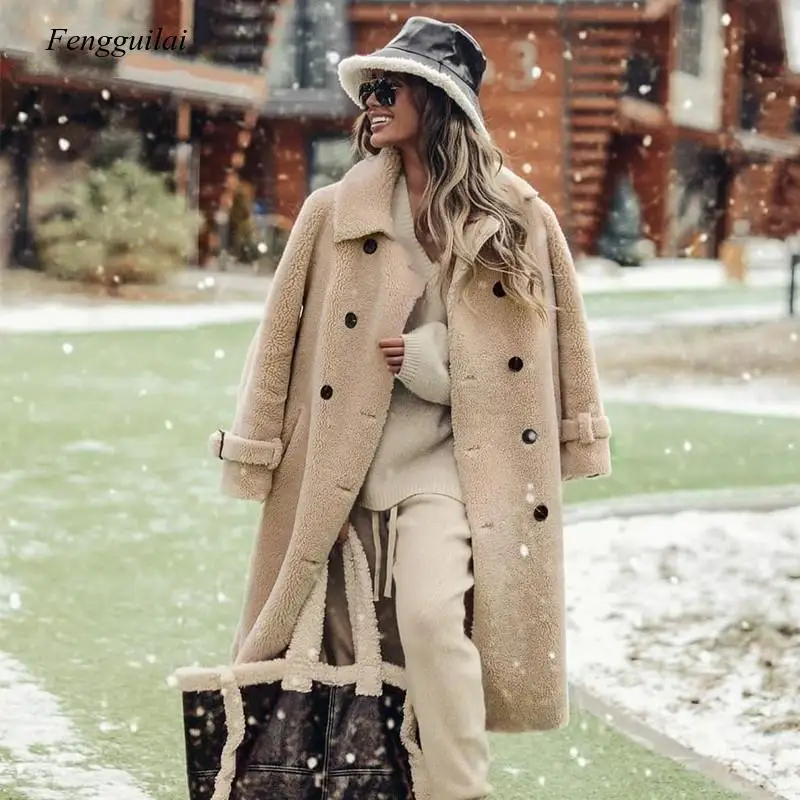 Fur Coat Women Winter Coat with Belt Lapel Collar 2021 New Leather Coat Woolen Jacket Outwear
