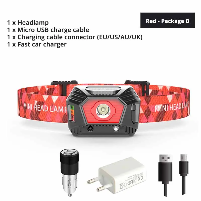 Red - Package B Светодиодный мини-налобный фонарь с инфракрасным датчиком и дисплеем батареи, USB Перезаряжаемый водонепроницаемый ночной ходовой фонарь для рыбалки - Испускаемый цвет: Red - Package B